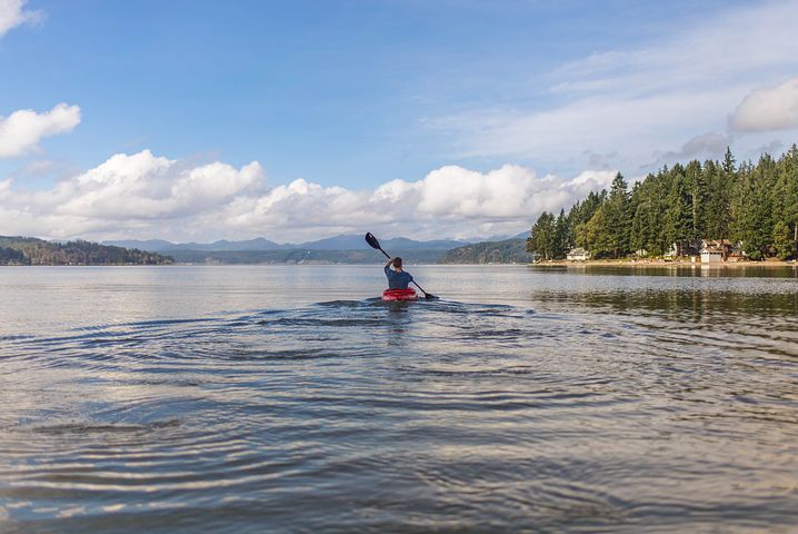 Image of an individual rowing in a kayak on a lake finding places to see in big bear