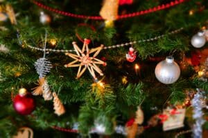 A Christmas tree with ornaments