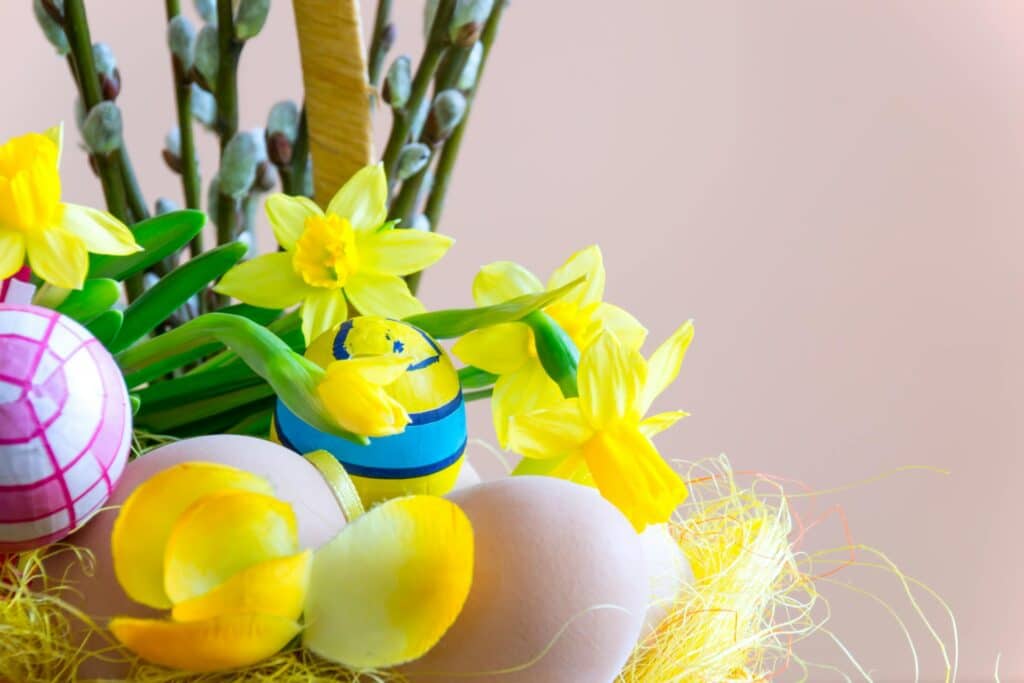 Yellow flowers and Easter eggs